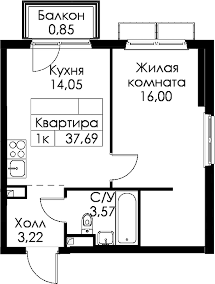 1-комнатная квартира 37.69 м², 7/15 эт., ЖК «Янинский лес»